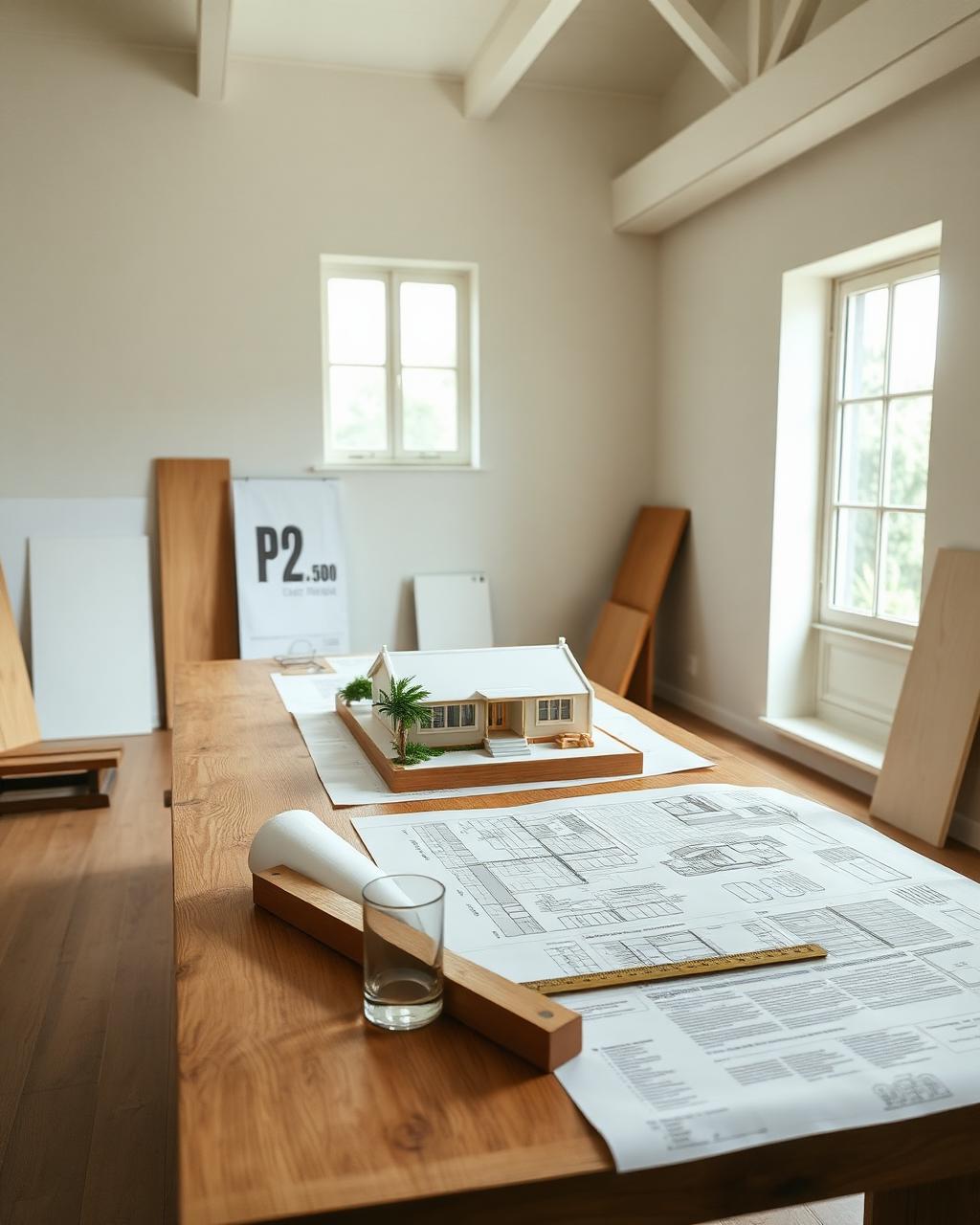 Studio working drawings and material swatches on a Sri Lankan teak table